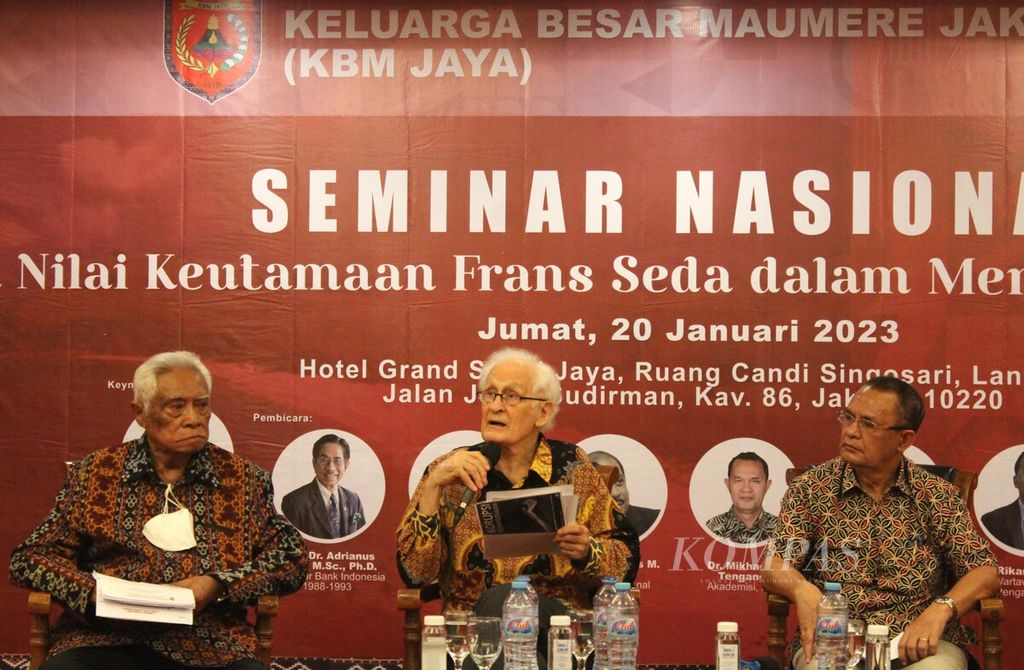 Suasana seminar nasional "Merajut Nilai Keutamaan Frans Seda dalam Menata Kemajuan Bangsa" yang digelar Keluarga Besar Maumere (KBM) Jakarta Raya di Jakarta, Jumat (20/1/2023).