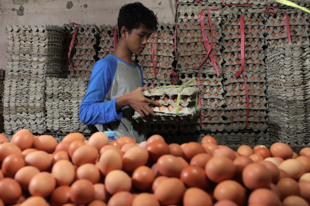 Pedagang mengantar telur ayam ke pelanggan di Buncit Raya, Jakarta, Jumat (20/12/2019). 