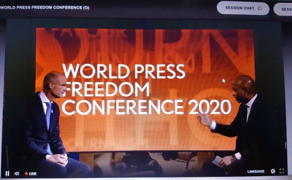 Tangkapan layar Konferensi Kebebasan Pers Dunia 2020 yang diselenggarakan secara virtual pada Rabu (9/12/2020). Tampak Menteri Luar Negeri Belanda Stef Blok (kiri) dalam diskusi panel pada hari pertama Konferensi Kebebasan Pers Dunia 2020.