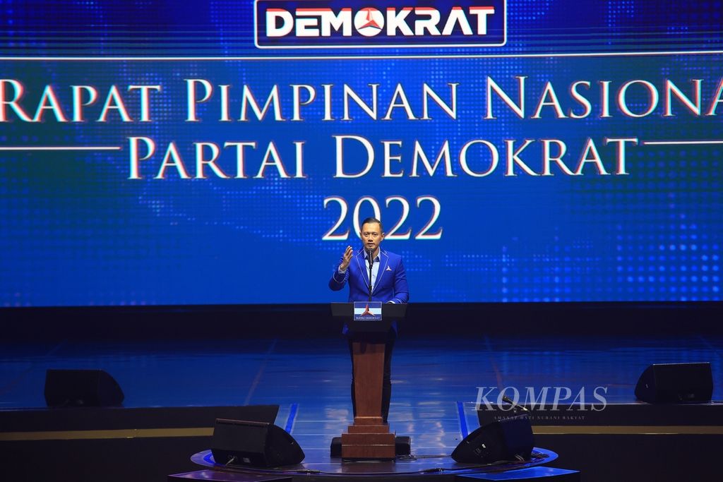 Ketua Umum Partai Demokrat Agus Harimurti Yudhoyono membuka Rapat Pimpinan Nasional (Rapimnas) Partai Demokrat di Jakarta (15/9/2022). Partai Demokrat menargetkan 15 persen suara pada pemilihan presiden dan pemiu legislatif 2024. 