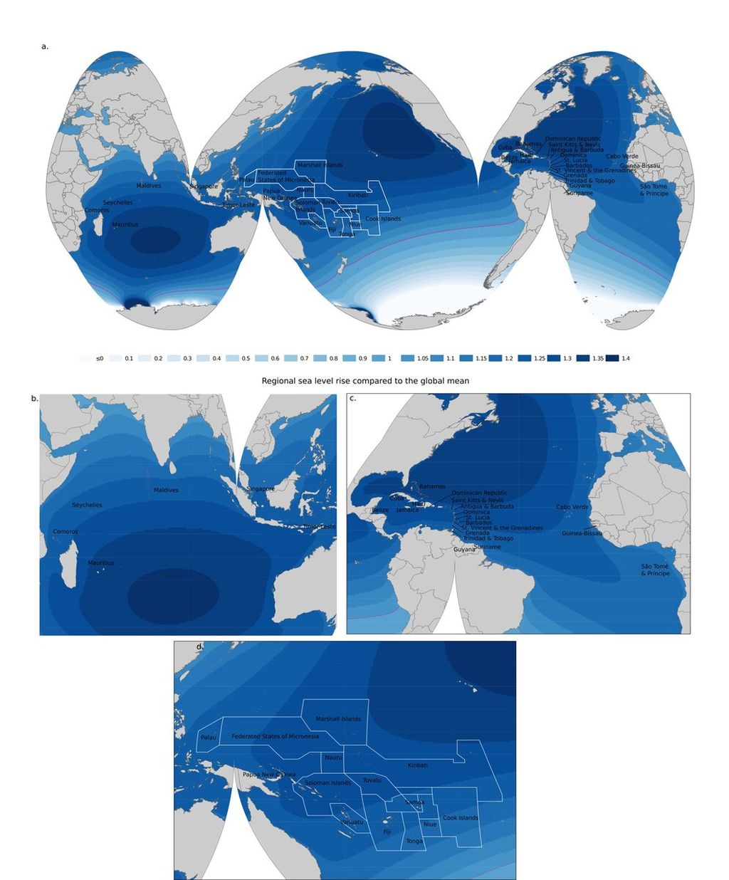 Distribusi spasial kontribusi Antartika terhadap kenaikan permukaan laut pada tahun 2100 (relatif terhadap tahun 2000) di bawah salah satu skenario emisi antara IPCC. Negara kepulauan secara tidak proporsional dipengaruhi oleh kenaikan permukaan laut. Angka yang ditunjukkan pada legenda peta adalah faktor yang dibandingkan dengan permukaan laut rata-rata global, misalnya faktor 1,2 menunjukkan bahwa lokasi mengalami kenaikan permukaan laut 1,2 kali nilai rata-rata global (Sumber: Masa Depan Bumi, 2022).
