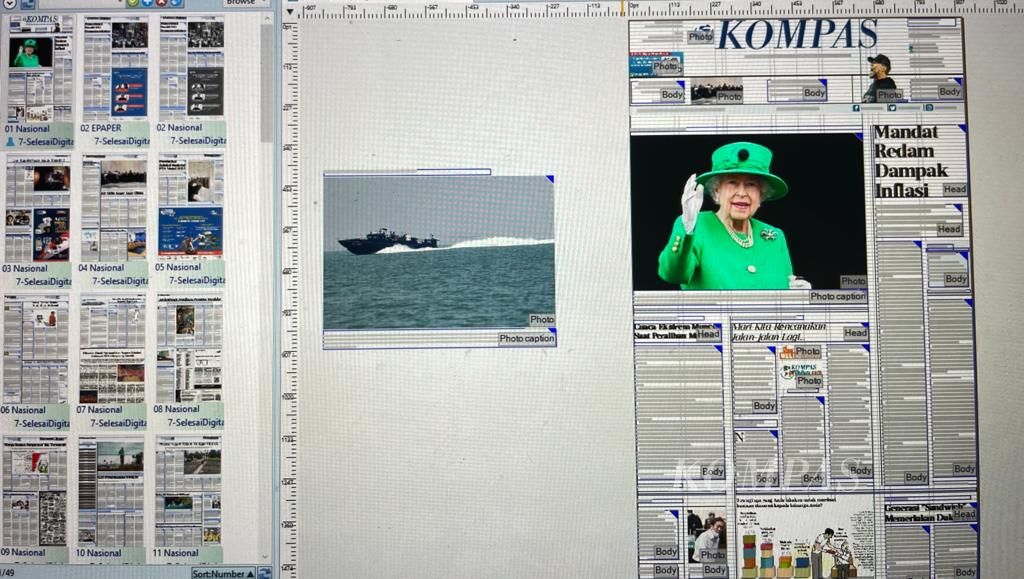 Proses penggantian foto pencarian korban kecelakaan pesawat latih TNI AL dengan foto Ratu Elizabeth II di halaman 1 koran <i>Kompas</i>.