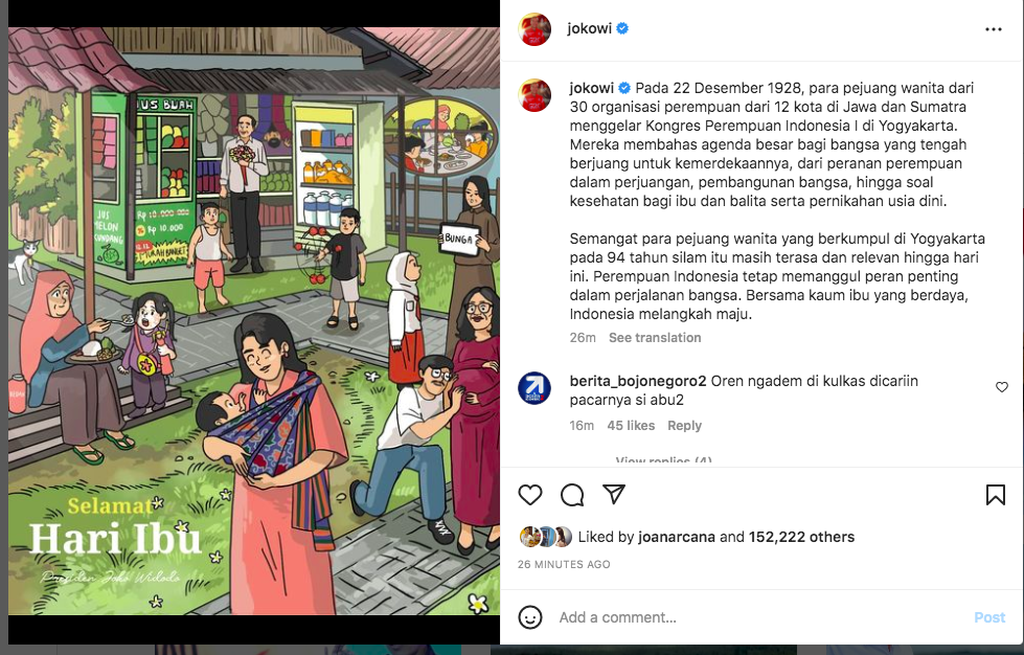 Presiden Joko Widodo memberikan ucapan selamat Hari Ibu di laman media sosial pada Kamis (22/12/2022).
