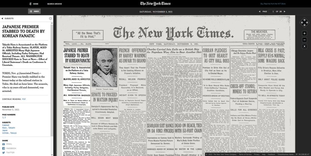 Tangkap layar halaman muka surat kabar The New York Times edisi 5 November 1921 yang memberitakan pembunuhan Perdana Menteri Jepang Takashi Hara pada 4 November 1921.