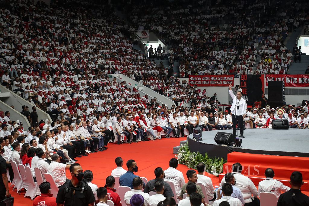 Penanggung Jawab Musyawarah Rakyat (Musra) Budi Arie Setiadi menyampaikan sambutan dalam acara puncak Musra di Istora Senayan, Jakarta, Minggu (14/5/2023). 
