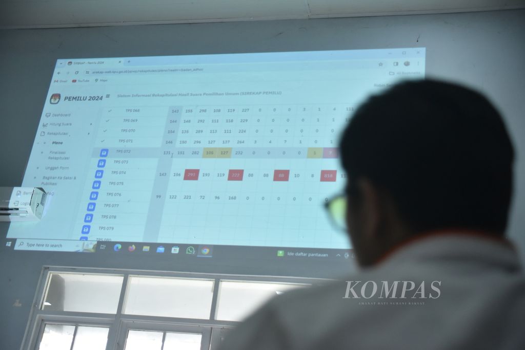Saksi mengecek ulang rekapitulasi hasil penghitungan suara Pemilu 2024 di Panitia Pemilihan Kecamatan Kalidoni, Palembang, Sumatera Selatan, Senin (19/2/2024). 