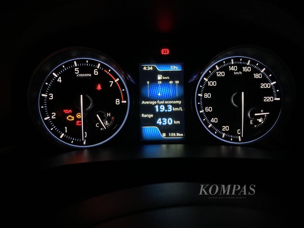 Angka konsumsi BBM rata-rata yang tertera pada MID di mobil Suzuki All New Ertiga Hybrid yang <i>Kompas</i> tumpangi seusai mengikuti lomba efisiensi bahan bakar dari Kota Batu, Jawa Timur, menuju Surabaya, Selasa (21/06/2020).