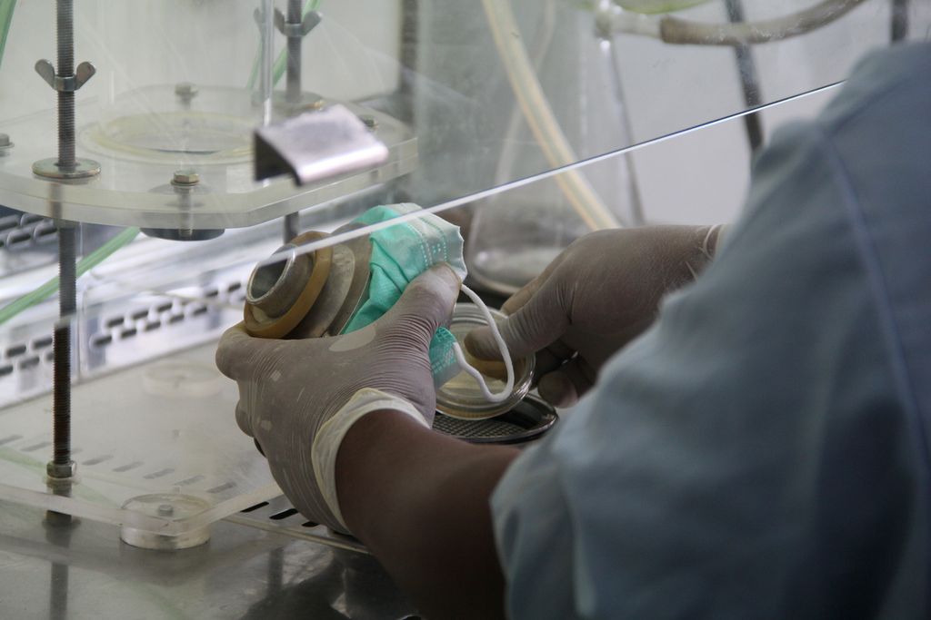 Teknisi laboratorium dan asisten peneliti tengah melakukan pengujian filtrasi bakteri (BFE) terhadap masker medis di kotak Biological Safety Cabinet (BSC) yang sudah dilengkapi HEPA filter. Uji ini dilakukan di Laboratorium Mikrobiologi dan Teknologi Bioproses di Program Studi Teknik Kimia Institut Teknologi Bandung, Rabu (31/3/2021). 