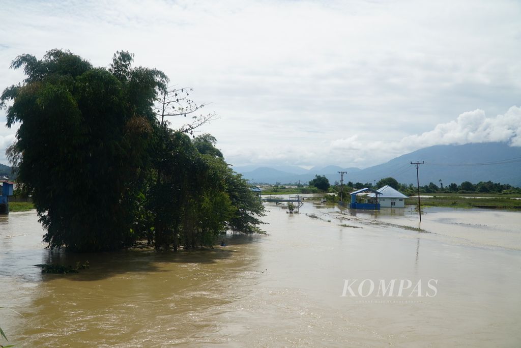 Air Batang Merao meluap ke areal persawahan di Kecamatan Kumun Debai, Kota Sungai Penuh, Jambi, Selasa (16/1/2024). 