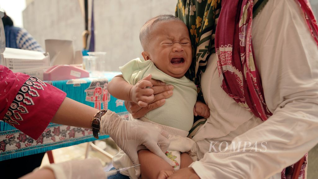 Anak balita menangis saat mengikuti Bulan Imunisasi Anak Nasional (BIAN) dan pneumokokus konjugasi (PCV) di Posyandu Kuntum Mekar, Klender, Jakarta Timur, akhir September 2022.  