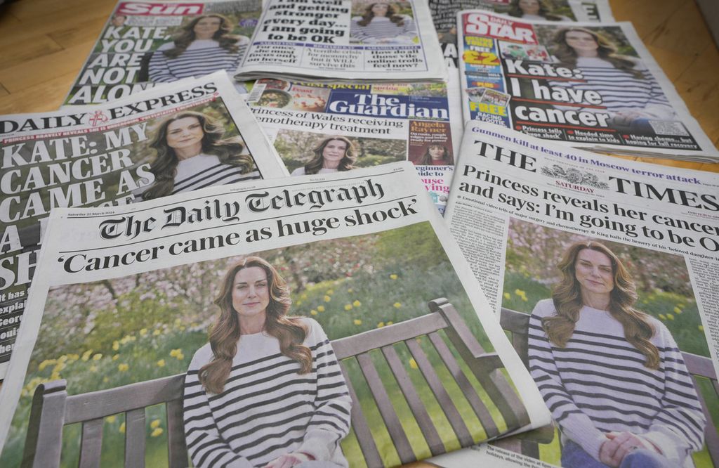 Sejumlah koran Inggris edisi Sabtu (23/3/2024) melaporkan pengumuman Catherine, Putri Wales, bahwa dirinya mengidap kanker.