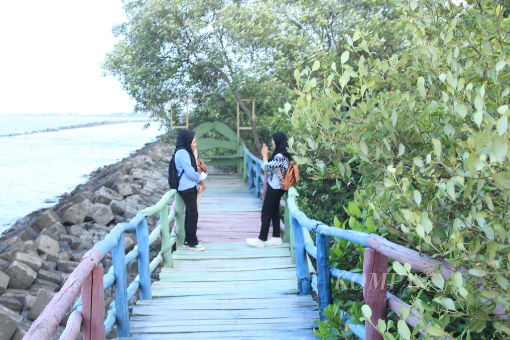 Pengunjung berfoto di jembatan Pantai Rembat di Desa Juntinyuat, Kecamatan Juntinyuat, Kabupaten Indramayu, Jawa Barat, Senin (30/10/2023) sore. 