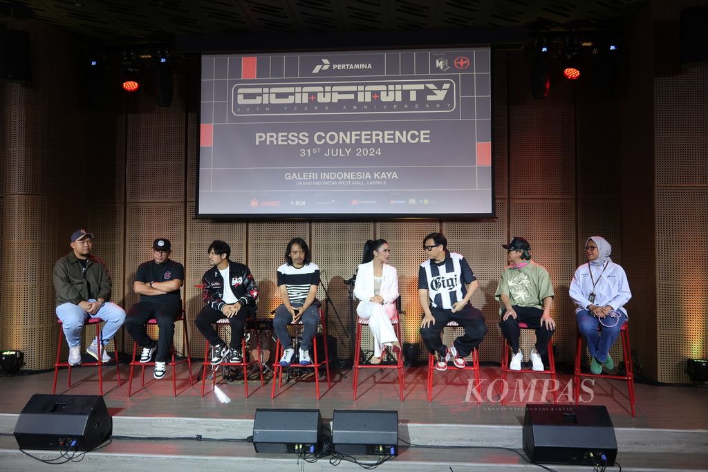 Suasana konferensi pers Konser ‘Giginfinity’: 30 Tahun Gigi Berkarya” di Galeri Indonesia Kaya, Jakarta, Rabu (31/7/2024).