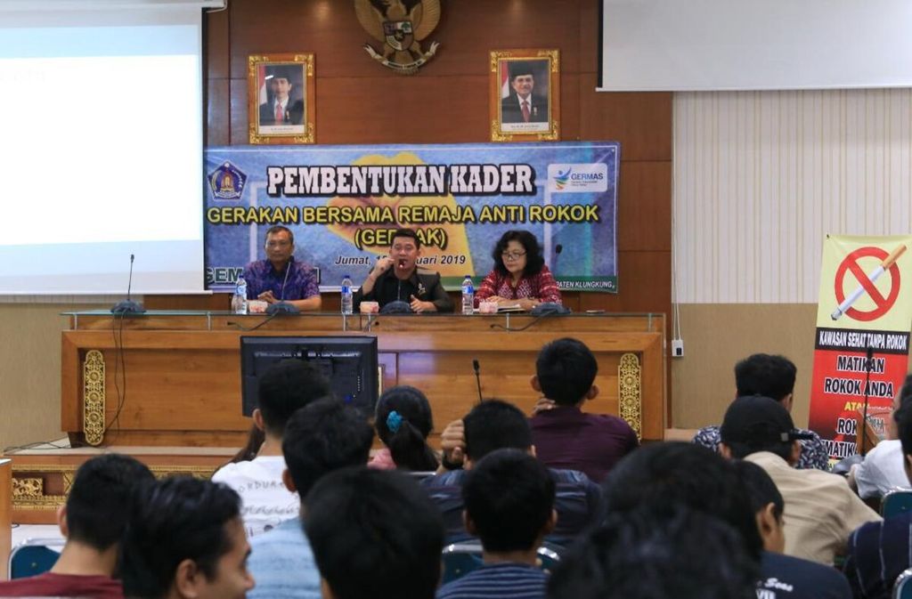 Pembentukan kader Gerakan Bersama Remaja Antirokok (Gebrak) Kabupaten Klungkung, Februari 2019.