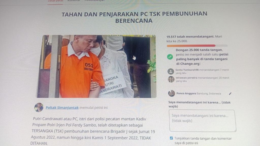 Petisi daring desakan penahanan Putri Candrawathi, tersangka kasus pembunuhan Brigadir J, di laman change.org, Sabtu (10/9/2022). 