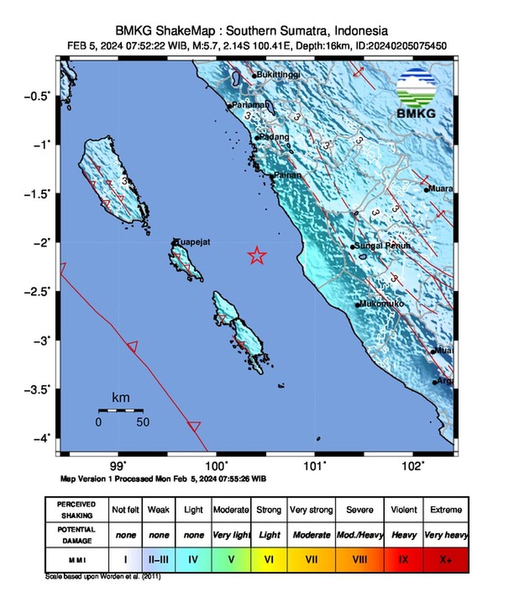 Peta gempa bermagnitudo 5,7 di perairan timur Kepulauan Mentawai, Sumatera Barat, Senin (5/2/2024) pukul 07.52. 