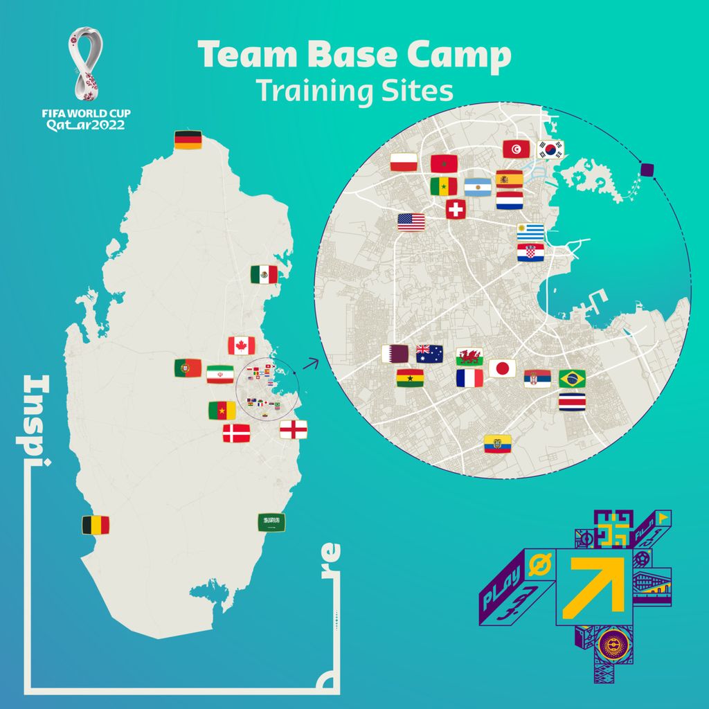 Peta hotel dan pusat latihan tim-tim peserta Piala Dunia Qatar 2022. Sebanyak 24 dari 32 tim bermarkas di kawasan kota Doha.