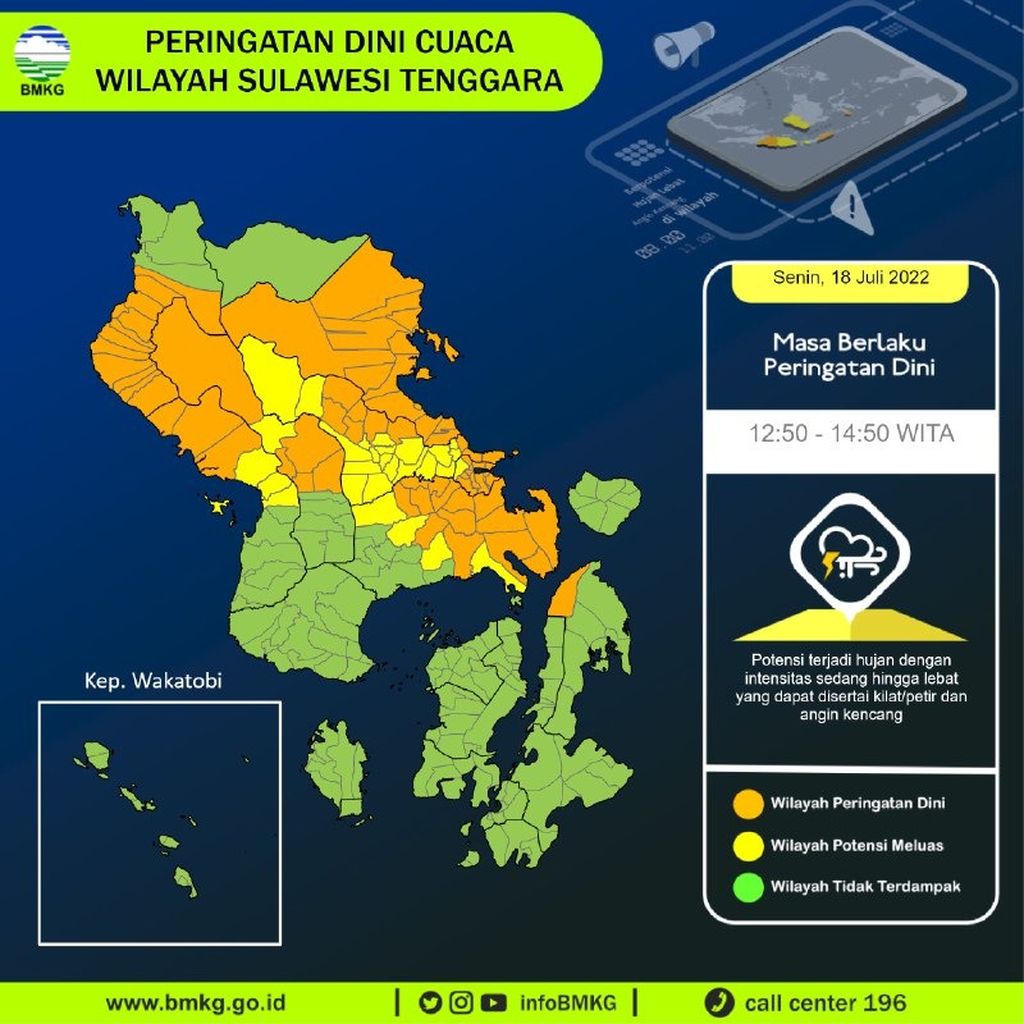 Stasiun Maritim BMKG Kendari mengeluarkan peringatan dini cuaca di wilayah Sulawesi Tenggara, Senin (18/7/2022). Sejumlah daerah berpotensi cuaca buruk dan peringatan gelombang tinggi di puncak musim hujan saat ini.