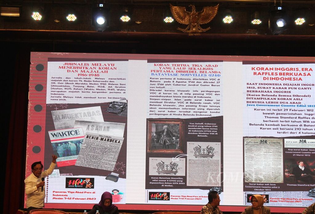 Sejarawan dari Universitas Negeri Medan Ichwan Azhari menjelaskan pers pada masa lalu dalam peringatan Hari Pers Nasional 2023 di Medan, Sumatera Utara, Selasa (7/2/2023).