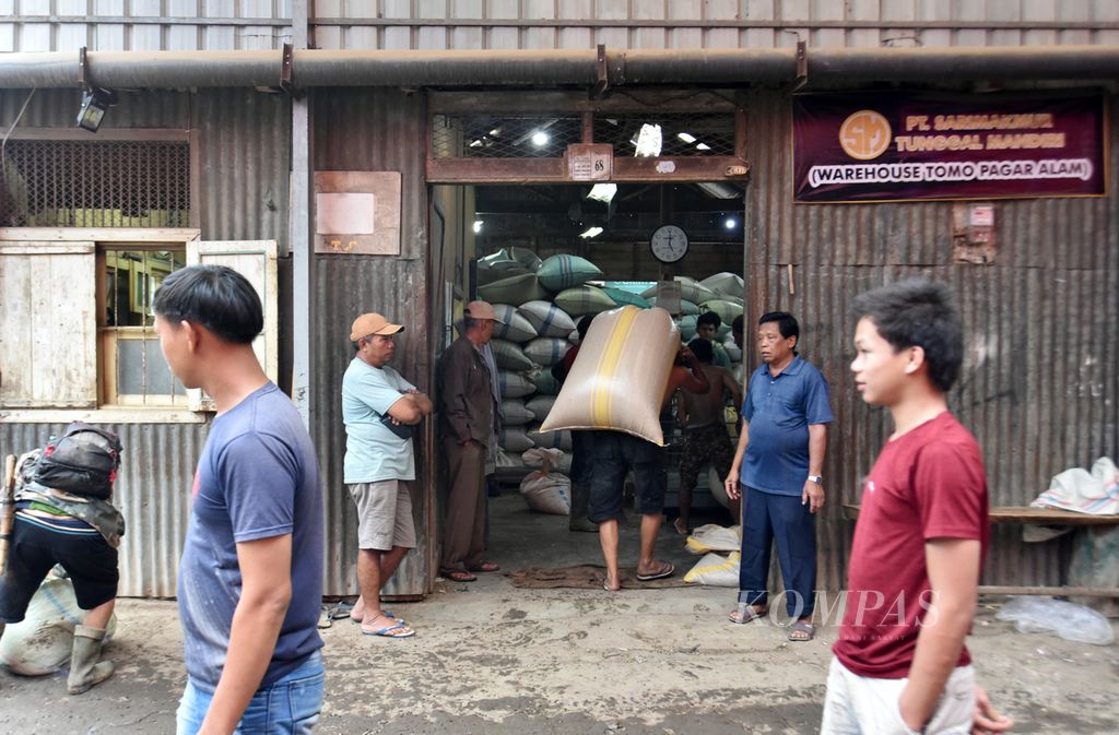 Buruh angkut mengangkat karung berisi biji kopi kering milik petani yang ingin dijual ke Gudang Kopi Tomo, Pagaralam Selatan, Pagaralam, Sumatera Selatan, Rabu (3/7/2024). 