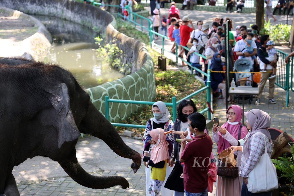 Wisatawan mengunjungi kebun binatang Gembiraloka, Yogyakarta, Selasa (3/5/2022). Hingga pukul 12.00 pada hari itu tercatat 4.153 wisatawan telah mendatangi kebun binatang tersebut. Sehar sebelumnya, saat libur Lebaran hari pertama, kebun binatang itu didatangi sekitar 1.600 wisatawan. Masyarakat mulai mengisi libur Lebaran hari kedua untuk mengunjungi berbagai tempat wisata bersama keluarga.