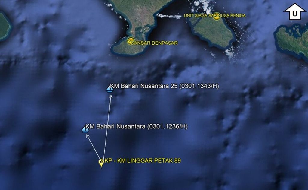 Dokumentasi Basarnas Bali menampilkan peta lokasi kapal di perairan Samudra Hindia.