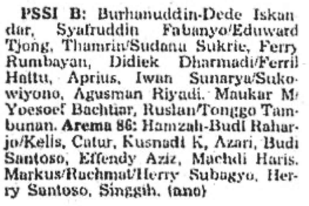 Susunan pemain Arema 86 ketika melakukan uji coba kontra PSSI B, Minggu (26/7/1987), di Stadion Gajayana, Malang, Jawa Timur.