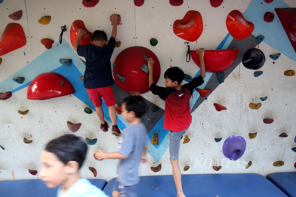 Anak-anak belajar <i>bouldering </i>di taman kompleks Perumahan Neo Permata, Bintaro, Tangerang Selatan, Sabtu (17/8/2024). Papan <i>bouldering </i>itu dibangun dari hasil iuran swadaya warga perumahan. 