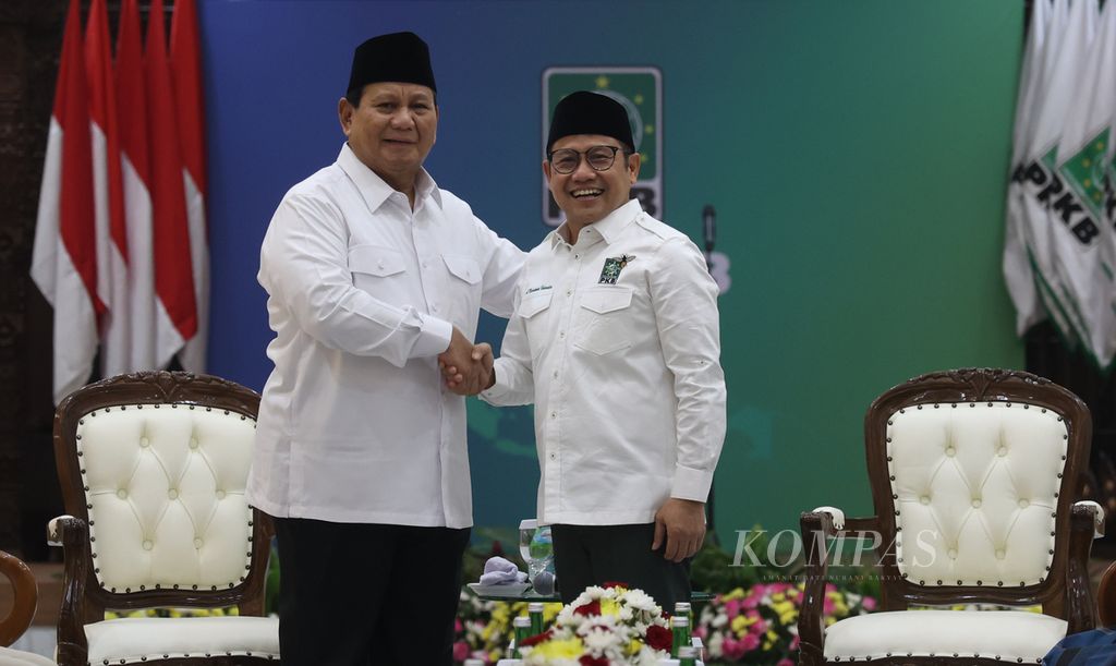 Presiden terpilih 2024-2029, Prabowo Subianto, menemui Ketua Umum PKB yang juga mantan cawapres nomor urut 1, Muhaimin Iskandar, di Kantor DPP PKB, Jakarta, Rabu (24/4/2024). 
