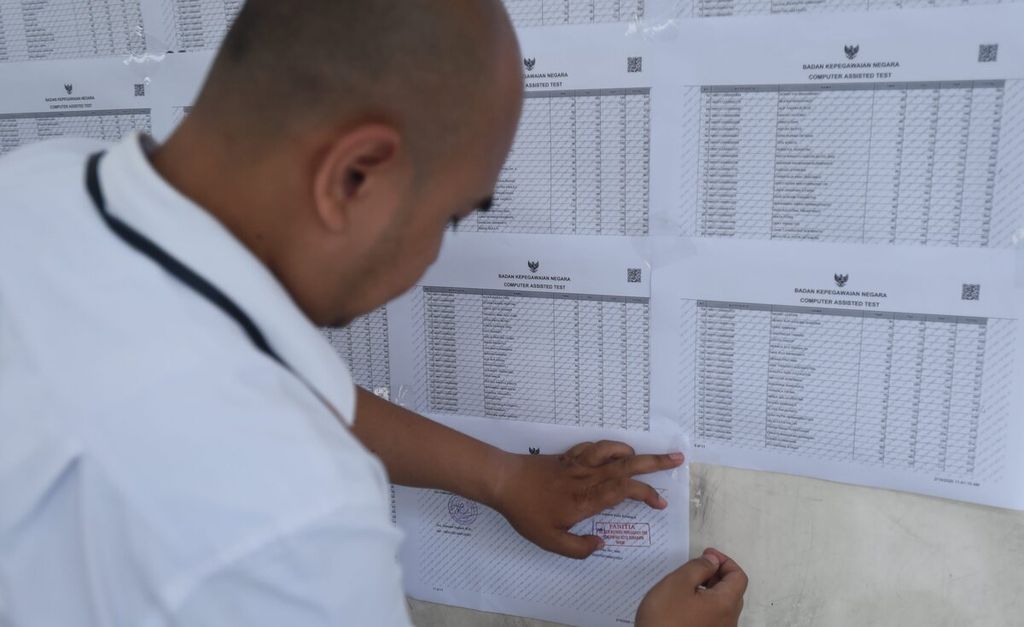 Petugas menempelkan hasil tes CPNS Pemerintah Kota Surabaya di Gelanggang Remaja, Surabaya, Senin (10/2/2020). 