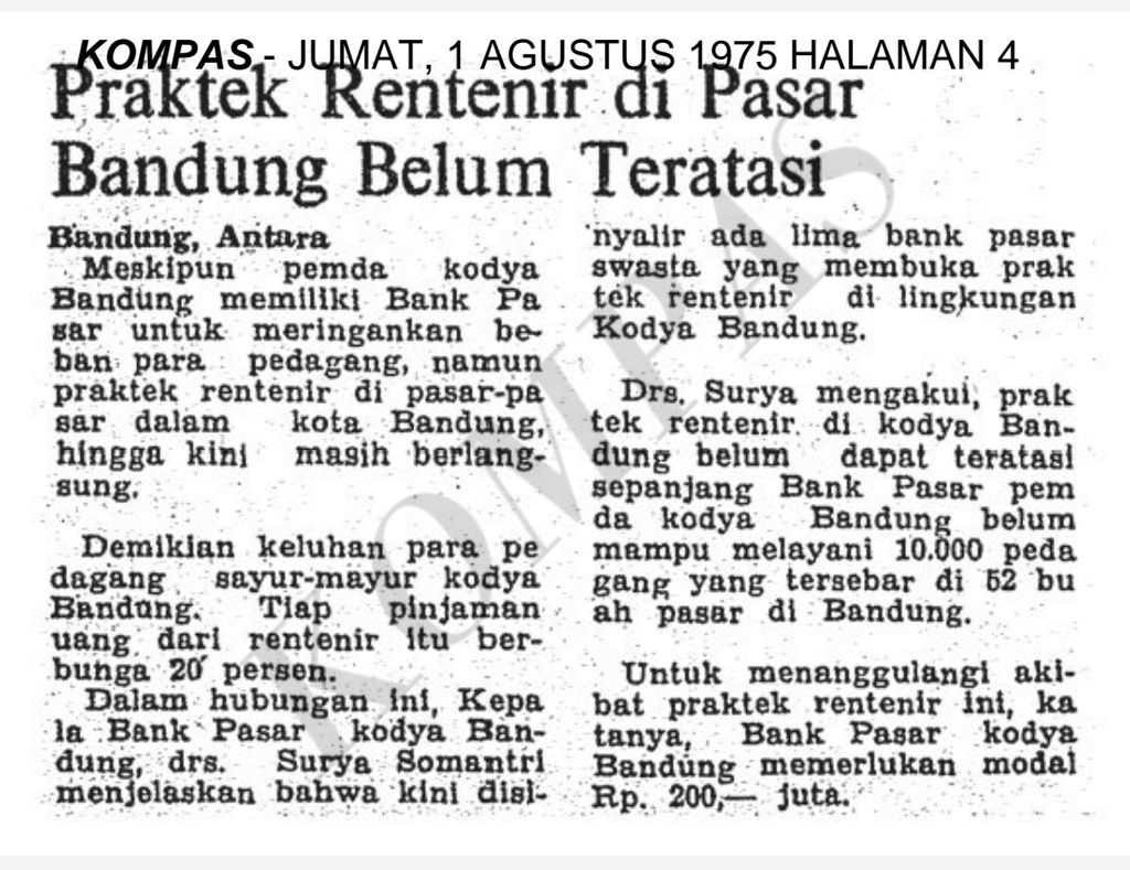 Berita tentang rentenir di Pasar Bandung. Terbit di harian <i>Kompas</i>, 1 Agustus 1975. 