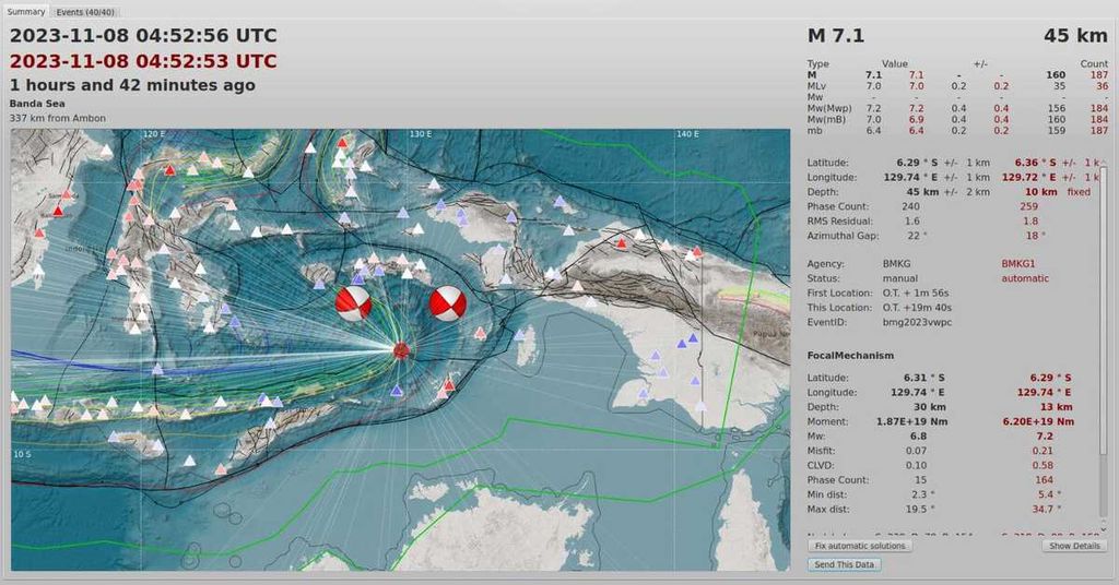Lokasi gempa bumi di kawasan Laut Banda, Maluku Tengah, Rabu (8/11/2023).