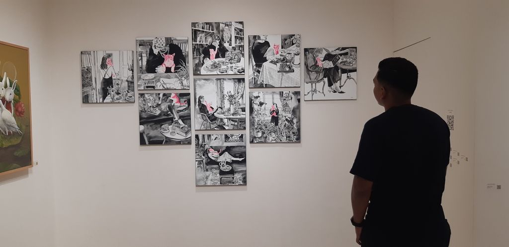 Nine paintings themed around pet cats by Mohammad Taufik were displayed in an exhibition titled Fur & Foliage at the Artloka Gallery, Jakarta Art Hub, on Thursday (March 21, 2024).