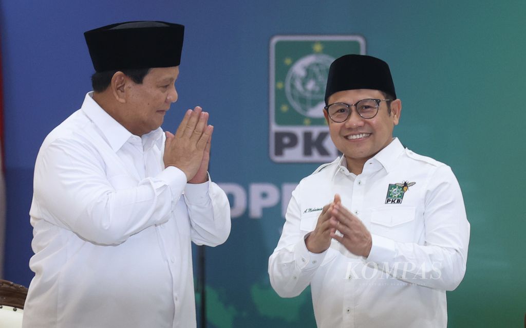 Presiden terpilih 2024-2029, Prabowo Subianto, menemui Ketua Umum Partai Kebangkitan Bangsa (PKB) yang juga mantan cawapres nomor urut 01, Muhaimin Iskandar, di Kantor DPP PKB, Jakarta, Rabu (24/4/2024). 