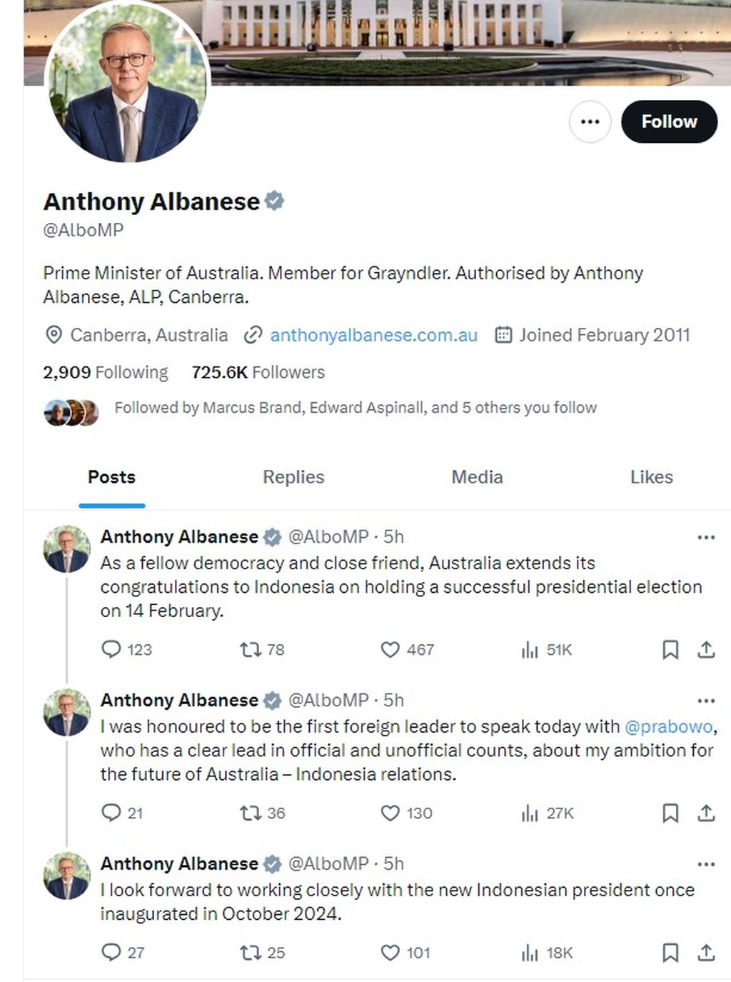 Tangkapan layar cuitan PM Australia Anthony Albanese, Kamis (15/2/2024).