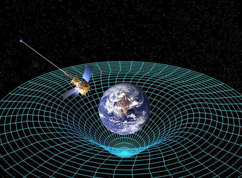Konsep artis tentang kelengkungan ruang dan waktu di sekitar Bumi yang diukur oleh wahana antariksa Gravity Probe B milik Badan Penerbangan dan Antariksa Nasional Amerika Serikat (NASA).