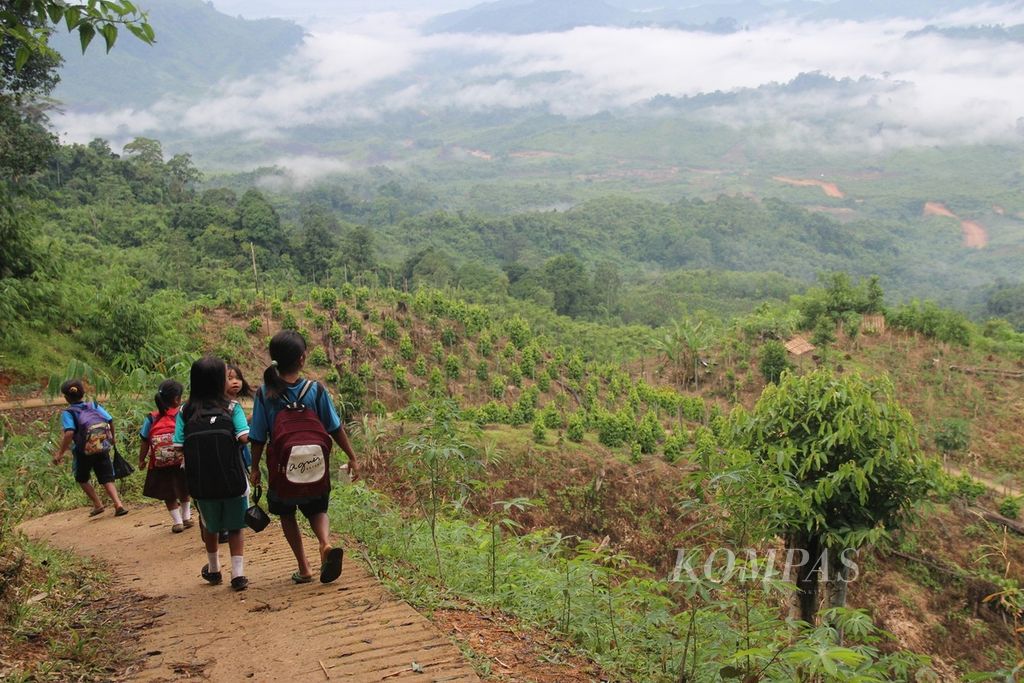 Anak-anak Dusun Badat Lama di perbatasan Indonesia-Malaysia, Kalimantan Barat, berjalan menuju sekolah, Selasa (15/8/2017).