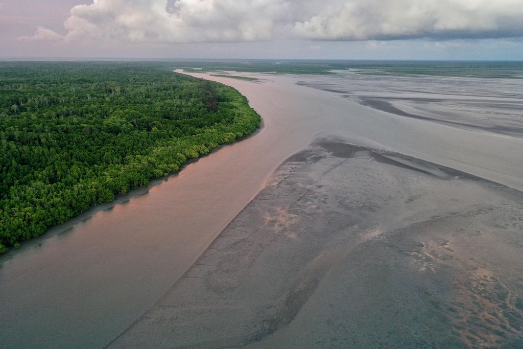 Lanskap muara sungai di Laut Arafuru yang berubah menjadi daratan saat surut karena tebalnya limbah pasir <i>tailing</i>, Selasa (25/10/2021). Selama 28 tahun (1988-2016), volume <i>tailing </i>yang dibuang setiap hari mencapai 230.000 ton. 