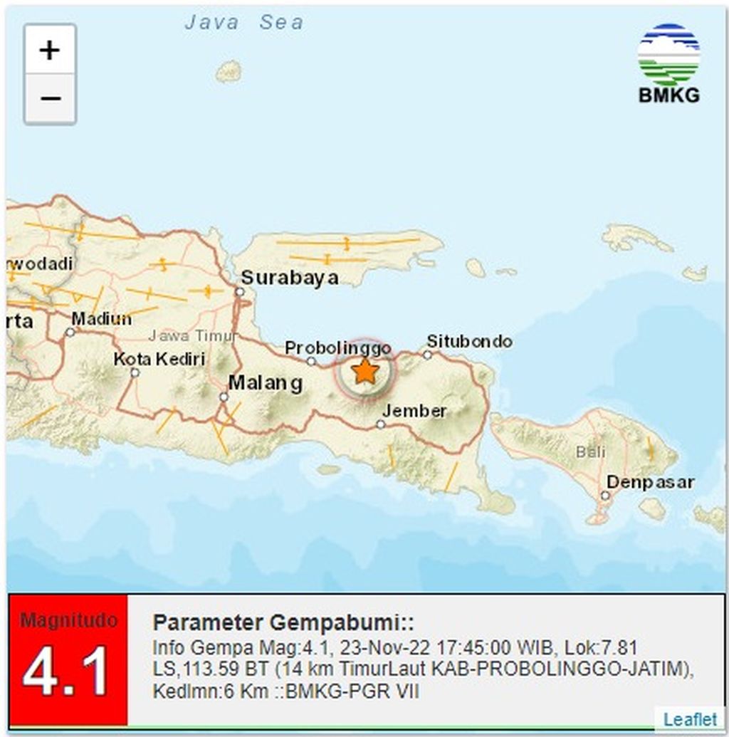 Gempa bumi Magnitudo 4,1 terjadi pada Rabu (23/11/2022) pukul 17.45 di Probolinggo, Jatim. Gempa dangkal tersebut akibat aktivitas Sesar Probolinggo. 