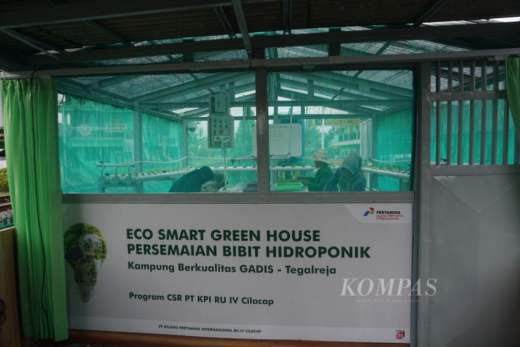 Para ibu sedang menyemai bibit sayuran di Eco Smart Green House di Kampung KB Gadis, Kelurahan Tegalreja, Cilacap Selatan, Kabupaten, Cilacap, Jawa Tengah, Kamis (13/10/2022). Eco Smart Green House sebagai tempat penyemaian bibit sayur telah menggunakan panel surya demi mendukung kemandirian energi. 