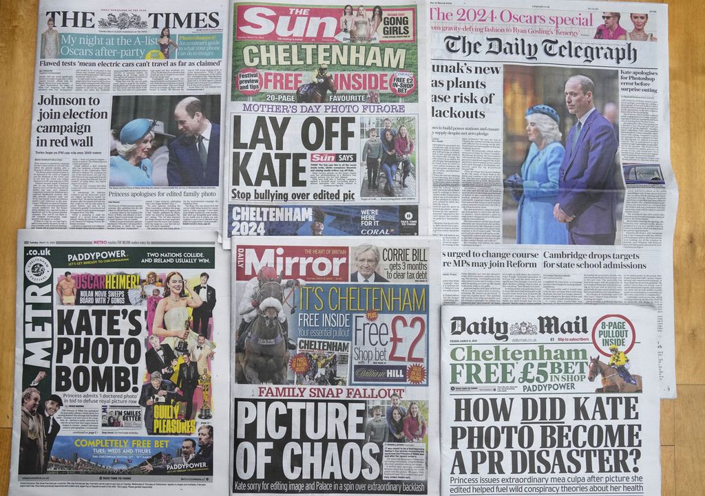 Halaman muka koran-koran Inggris yang menempatkan skandal foto Putri Kate sebagai berita utama di London, Inggris, Selasa (12/3/2024). 