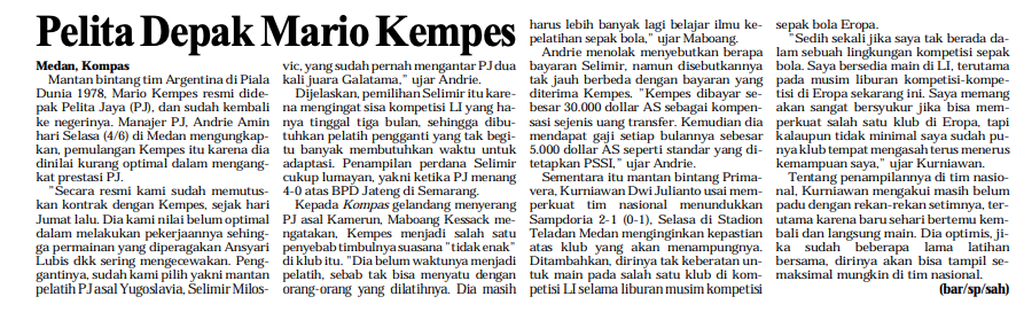Tangkapan layar arsip berita <i>Kompas</i> berjudul Pelita Depak Mario Kempes, Rabu 5 Juni 1996. Sang legenda Argentina sempat berlabuh ke klub Indonesia itu.