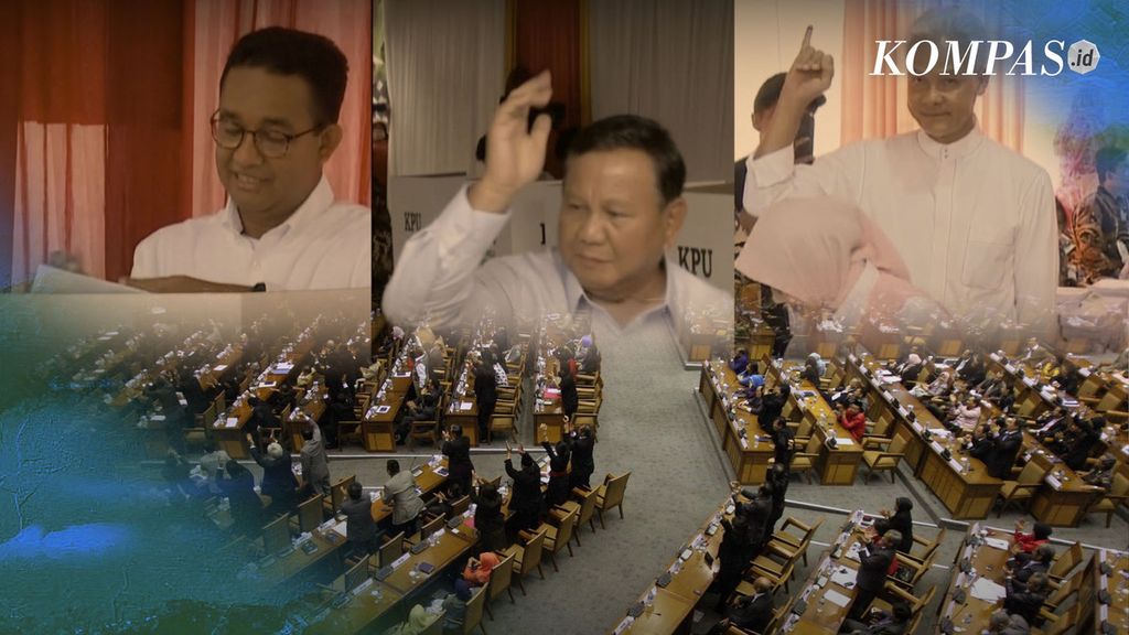 Ilustrasi Rapat Paripurna DPR dan foto ketiga calon presiden di Pilpres 2024.