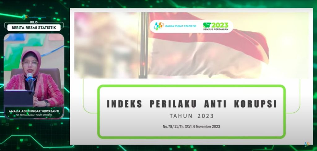 Tangkapan layar ketika Plt Kepala Badan Pusat Statistik Amalia Adininggar Widyasanti membacakan Indeks Perilaku Anti-Korupsi Indonesia 2023, di Jakarta, Senin (6/11/2023). 