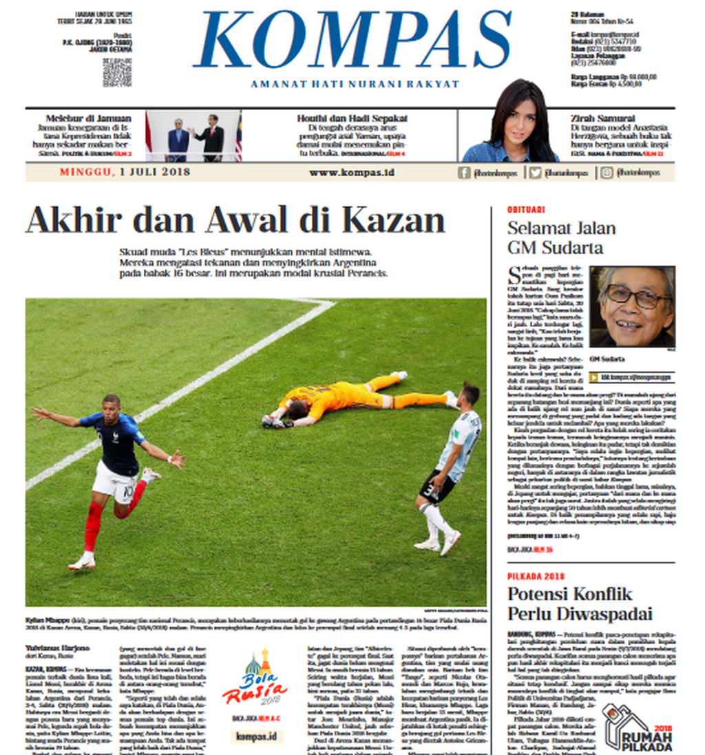 Halaman muka Harian <i>Kompas </i>edisi 1 Juli 2018 yang memberitakan kemenangan Perancis, 4-3, atas Argentina pada babak 16 besar Piala Dunia Rusia 2018.