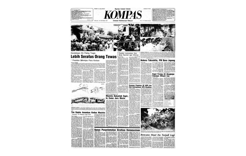 <i>Kompas</i> memberitakan kecelakaan kereta api yang terjadi pada 19 Oktober 1987 di Kelurahan Bintaro, Jakarta Selatan.
