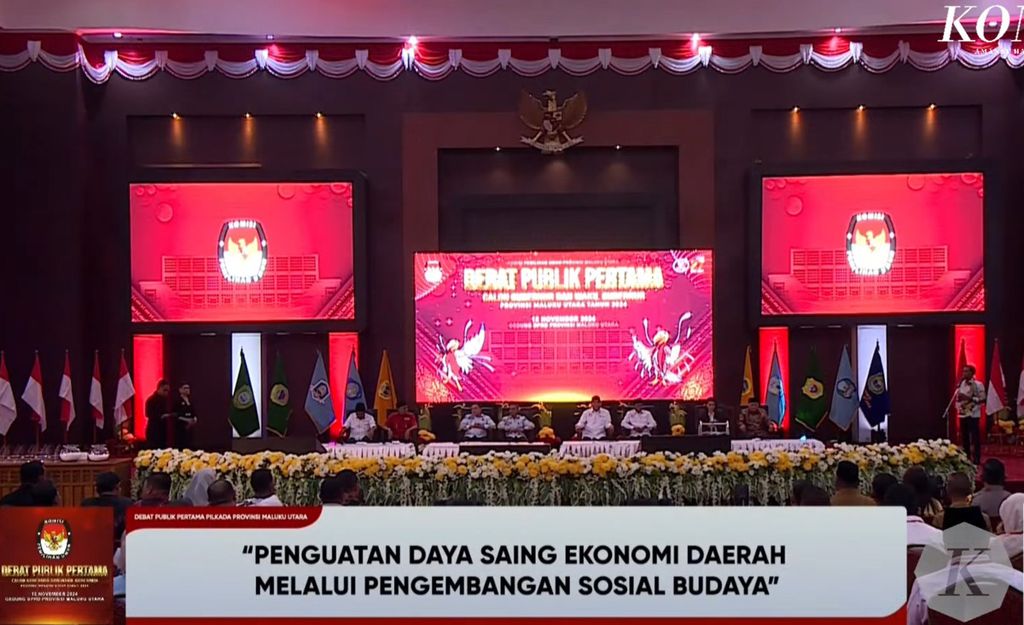 Suasana debat perdana Pilkada Maluku Utara di Sofifi, Tidore, Maluku Utara, Selasa (12/11/2024).