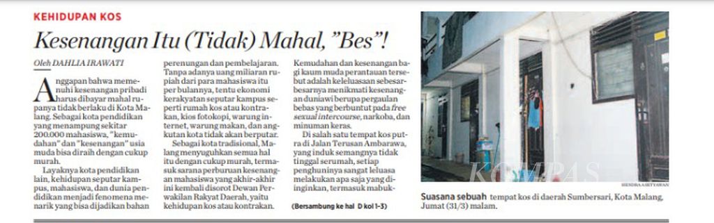 Tulisan tentang kehidupan kost di Kota Malang yang pernah dimuat di <i>Kompas </i>Biro Jatim pada 2006.