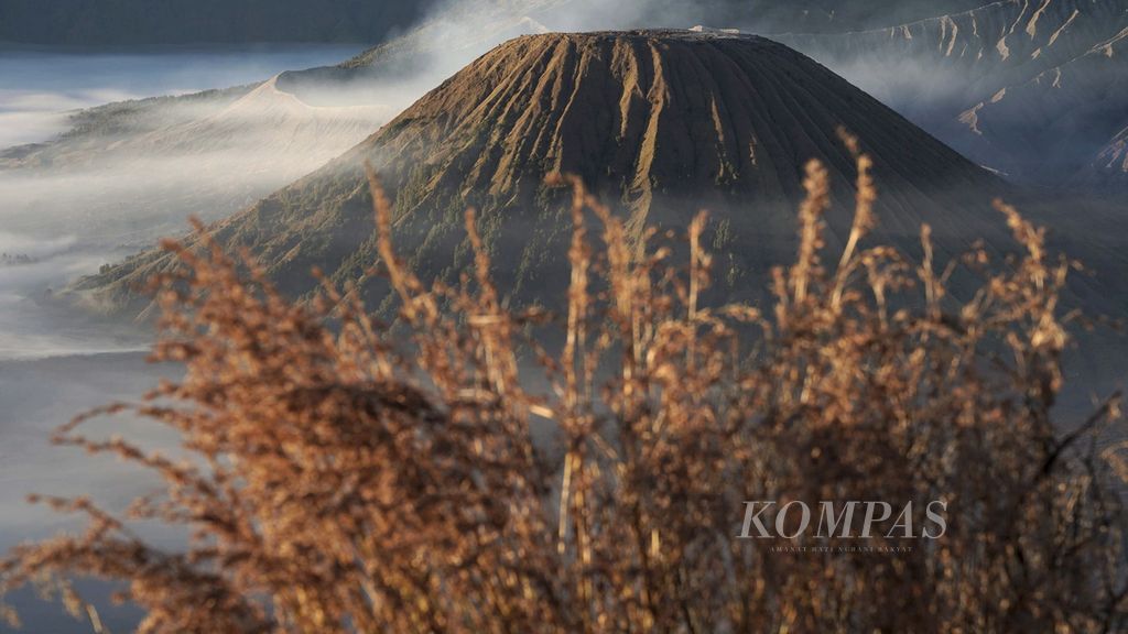 Pemandangan Gunung Batok dan lautan kaldera pasir di Taman Nasional Bromo Tengger Semeru yang terlihat dari atas bukit cinta Bromo di Desa Wonokitri, Kecamatan Tosari, Pasuruan, Jawa Timur, Sabtu (16/6/2018). Kawasan ini menjadi primadona warga untuk <i>healing</i> alias pemulihan untuk menyegarkan pikiran.