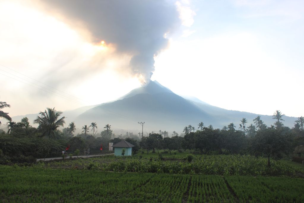 Pemandangan erupsi Gunung Lewotobi Laki-laki tampak dari Desa Pululera, Kecamatan Wulanggitang, Kabupaten Flores Timur, Nusa Tenggara Timur, Senin (8/1/2024). Banyak lahan pertanian membentang di bawah kaki gunung itu.